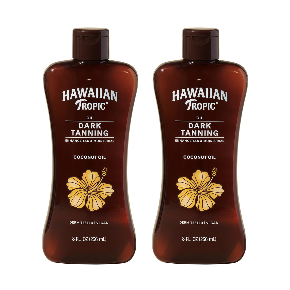 Hawaiian Tropic dark tanning oil bottle with cocoa butter for moisturized, radiant skin.