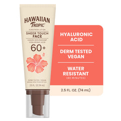 Hawaiian Tropic Sheer Touch Face SPF 60, brillo suave para un aspecto radiante.