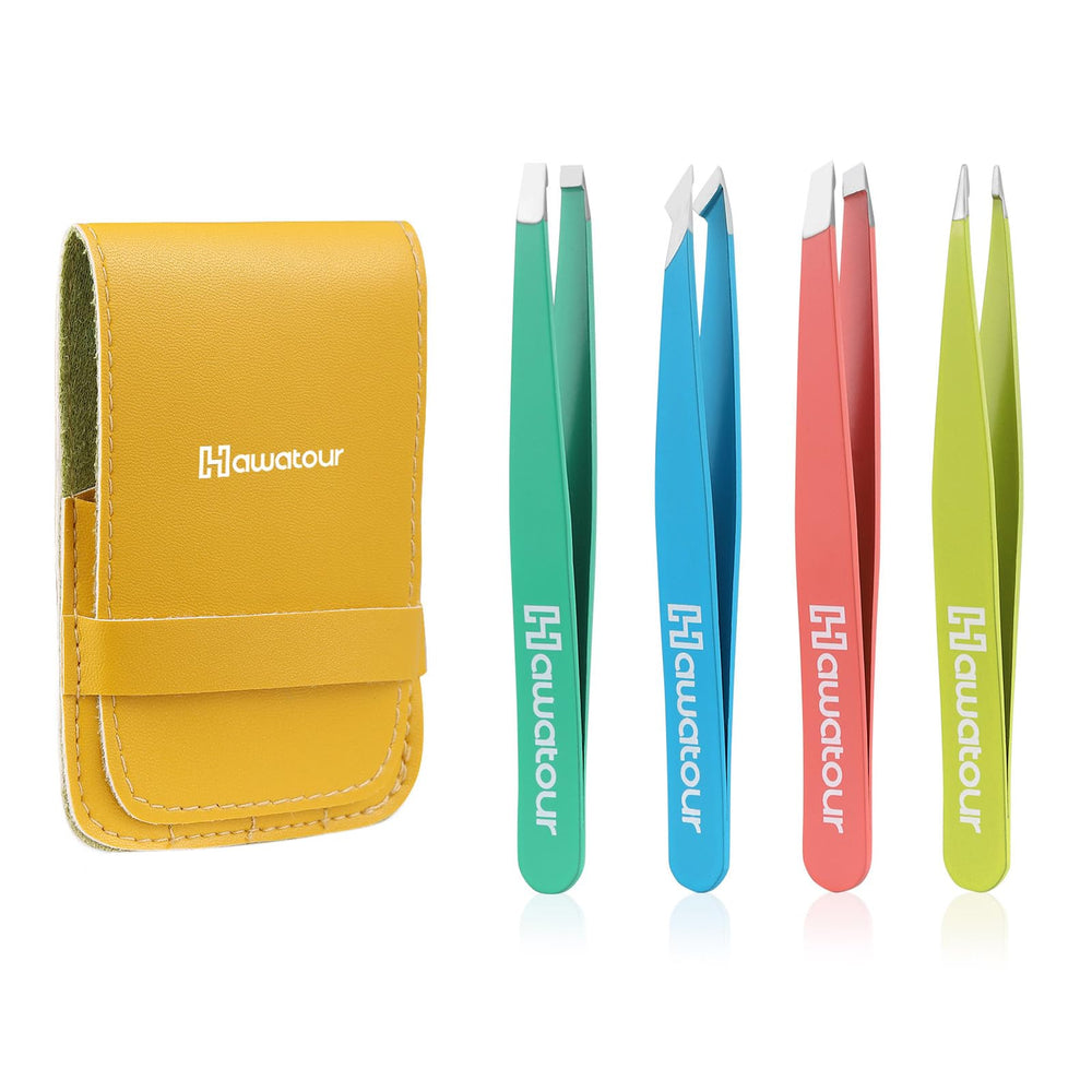 HAWATOUR four-piece tweezers set in a case for precise grooming on the go.