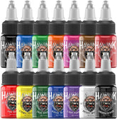 HAWINK tattoo ink set color swatches displaying vibrant pigments for shading.