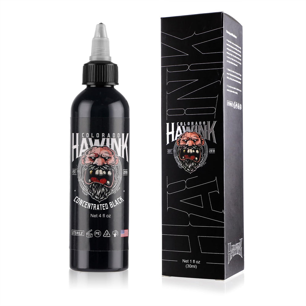 Tinta Hawink negra para tatuajes, frasco de 4oz, color intenso y estable.