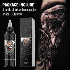 Etiqueta profesional de Hawink, tinta negra para tatuajes, seguridad y calidad garantizadas.
