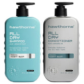 Hawthorne All Day Shampoo bottle close-up highlighting sulfate-free formula for clean, refreshed hair.