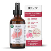 HBNO agua de rosas orgánica, botella, cuidado facial suave y refrescante.