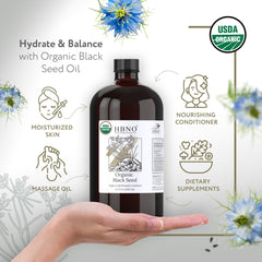 Close-up of HBNO glass bottle highlights premium cold-pressed purity for daily use
