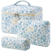 HBselect quilted makeup bag with floral pattern front view for organized cosmetics on travel.