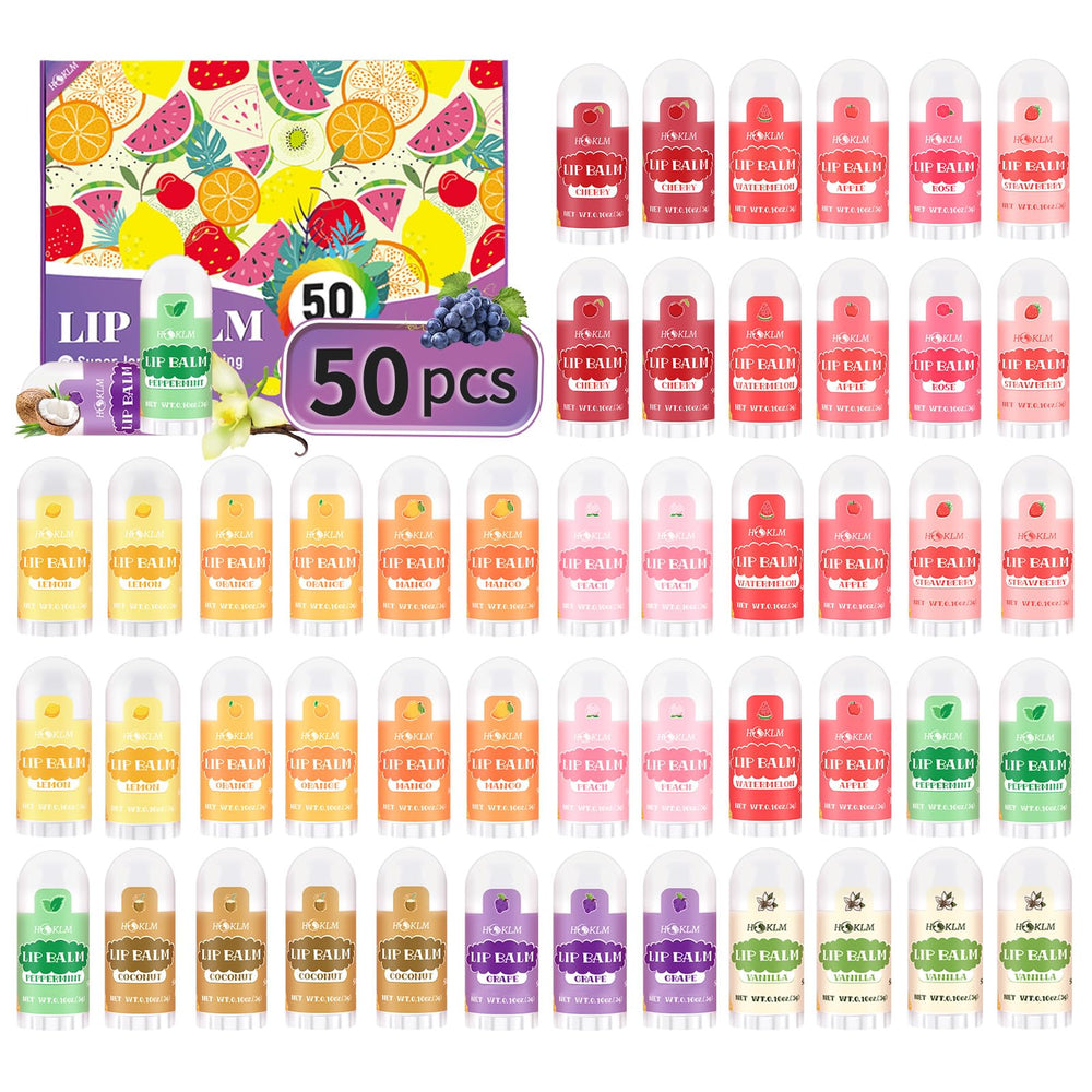 Bálsamo labial HCKLM 50 unidades con sabores variados para hidratación diaria.