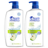 Head & Shoulders Green Apple shampoo bottle with 1% pyrithione zinc for dandruff protection.
