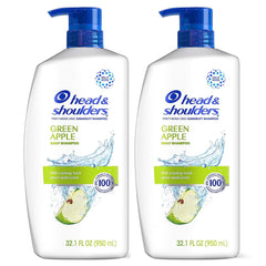 Head & Shoulders Green Apple shampoo bottle with 1% pyrithione zinc for dandruff protection.