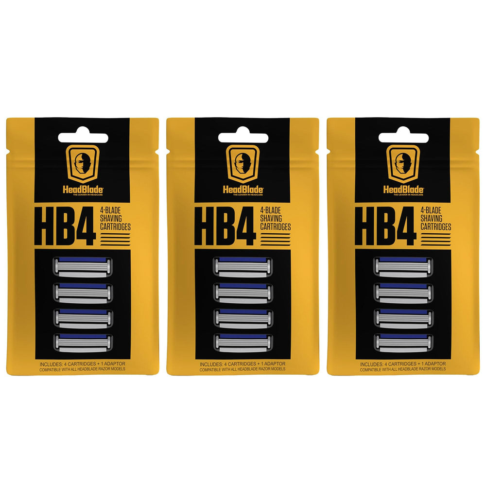 HeadBlade HB4 four-blade cartridge close-up showing smooth, tug-free shaving action.