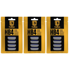 HeadBlade HB4 four-blade cartridge close-up showing smooth, tug-free shaving action.