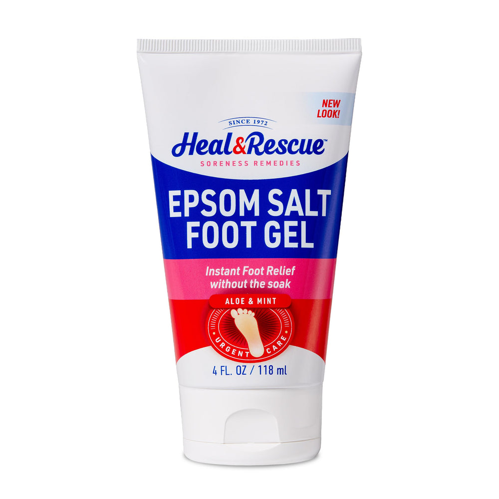 Heal&Rescue gel de pies con sal de Epsom, frente del frasco para alivio inmediato