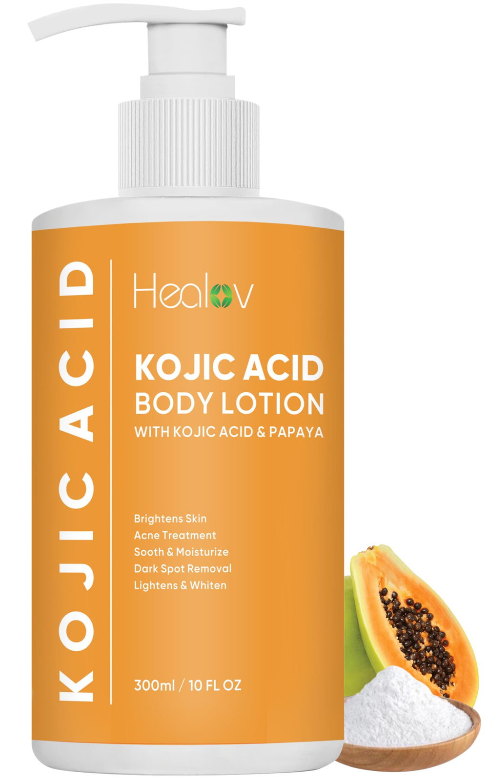 Healov Kojic Acid Lotion, bote frontal, ilumina tono uniforme de la piel.