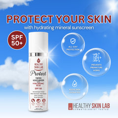 Healthy Skin Lab Protect bottle close-up highlighting mineral sunscreen protection.