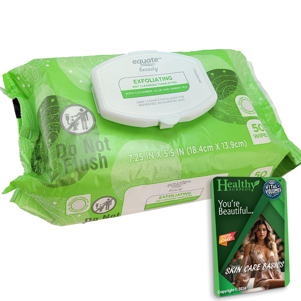 Healthy Surplus Equate toallitas exfoliantes húmedas, empaque compacto para uso diario.