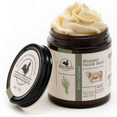 Hearth and Homestead whipped tallow balm jar shown for deep hydration.
