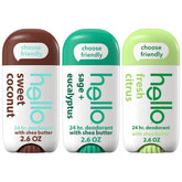 Hello Sweet Coconut deodorant stick with creamy texture for all-day freshness.