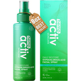 HEMPACTIV HOCl face spray bottle pouring for refreshing post-workout skin balance.