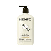 Hempz Age-Defy Body Lotion 17 oz bottle demonstrates fast absorption on dry skin.