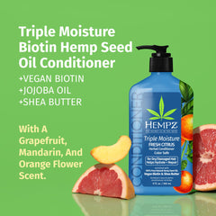 Hempz Biotin Conditioner label-closeup highlights color-safe formula for color-treated hair.
