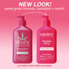 Hempz fragancia bayas brasileñas, notas iris y ámbar para una experiencia sensorial.