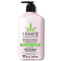Hempz Grapefruit & Raspberry Creme bottle for daily hydration with hemp seed oil.
