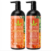 Hempz shampoo bottle close-up for color-treated hair with tropical scent.