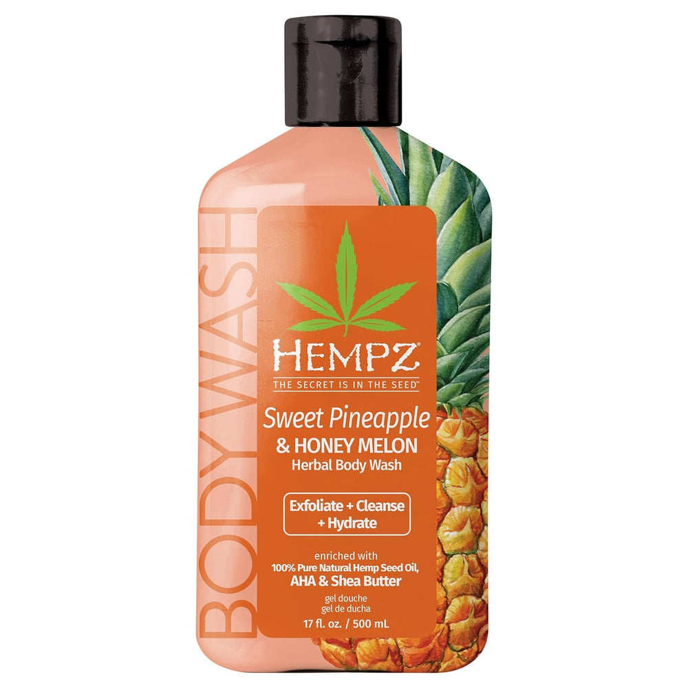 Hempz Jabón Ducha Cuerpo con Piña Dulce y Melón, hidratación suave para piel sensible.