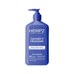 Hempz Loción corporal lavanda y manzanilla en botella, aroma relajante y hidratación suave.