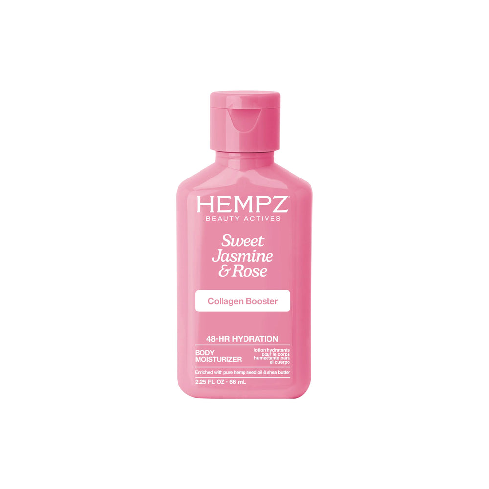 Hempz Mini Colágeno Jazmín Rosa: botella para hidratar la piel con aroma envolvente.