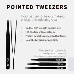 HengTianMei anti-static stainless steel tweezers for electronics and beauty work.
