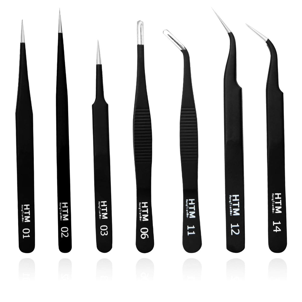 HengTianMei precision micro tweezers set; anti-static stainless steel for delicate tasks.