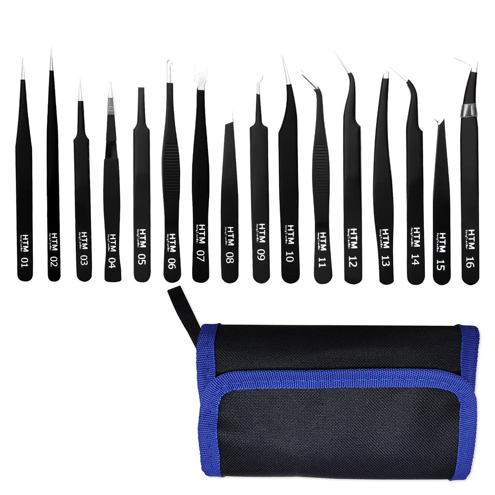 HengTianMei precision tweezer kit 16 types for delicate handling and assembly.