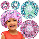 Heniho 2+2 satin bonnet for kids worn at night stays on comfortably.