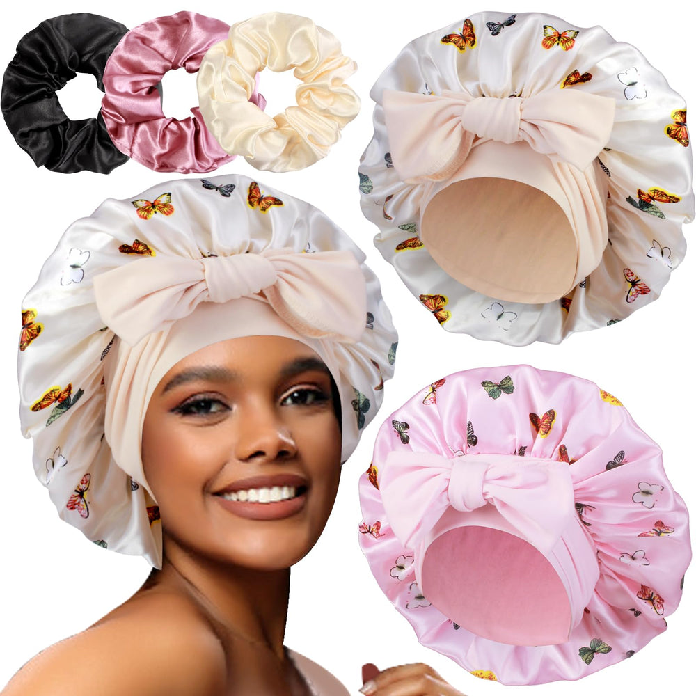 Heniho satin bonnet with scrunchies keeps hairstyles secure overnight.