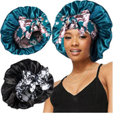 Heniho two-piece satin bonnet with bow tie stays securely on the head overnight.