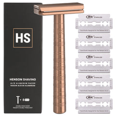Henson Shaving copper double edge razor close-up highlighting balanced design