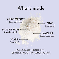 Herb & Root sandalwood talc-free powder shown with soft texture and aroma.