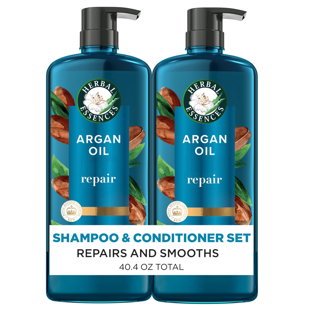 Herbal Essences Argan Oil Repair shampoo bottle promotes smooth, healthy-looking hair.