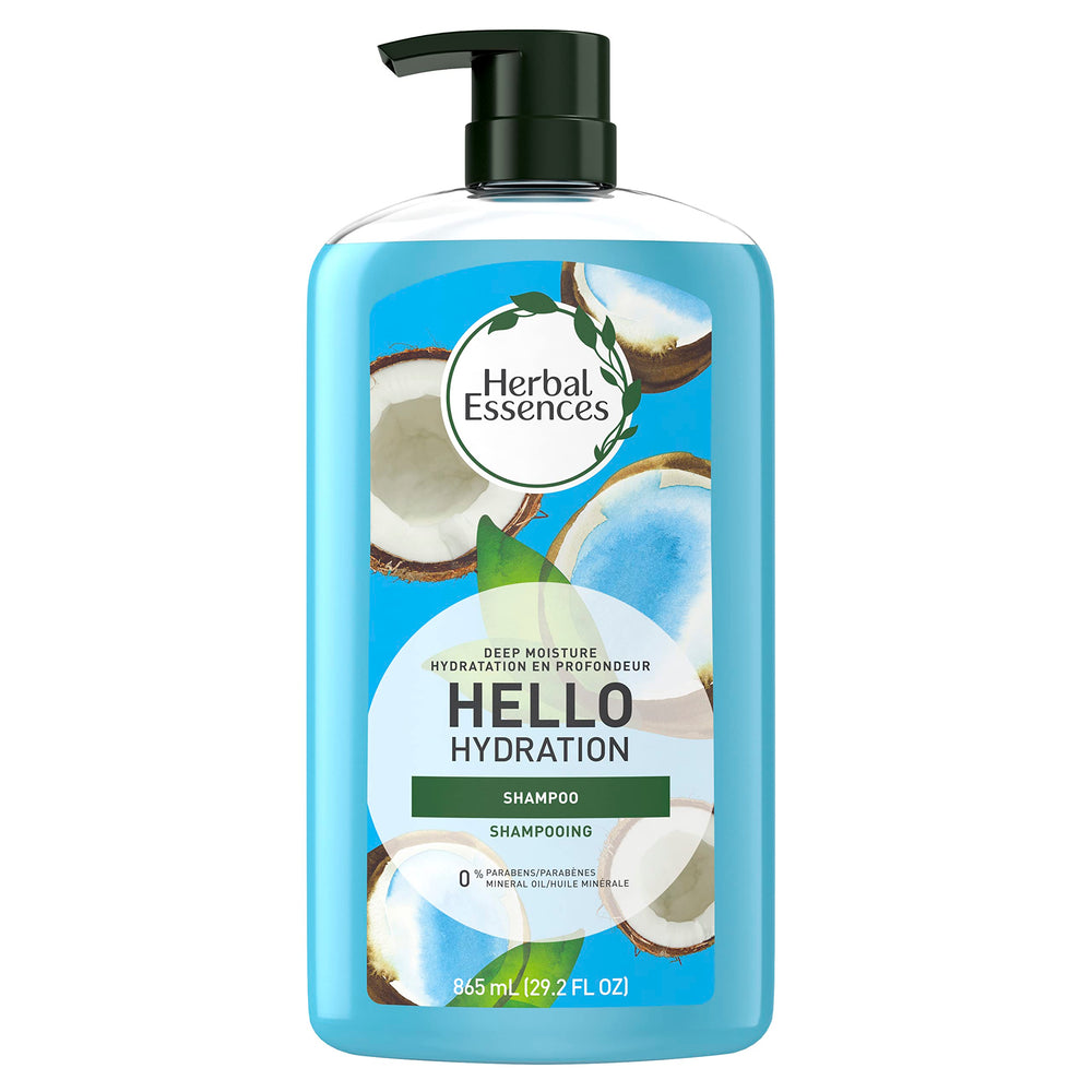 Herbal Essences Hello Hydration shampoo bottle, moisturizing formula and coconut scent for hydration.
