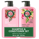 Herbal Essences Rose Hips shampoo bottle highlights frizz control for smooth hair.