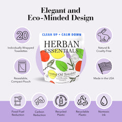 Herban Essentials peppermint towelette for a refreshing cool sensation on hands.