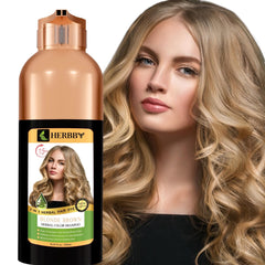 HERBBY gray-coverage shampoo bottle showing natural gray hair transformation