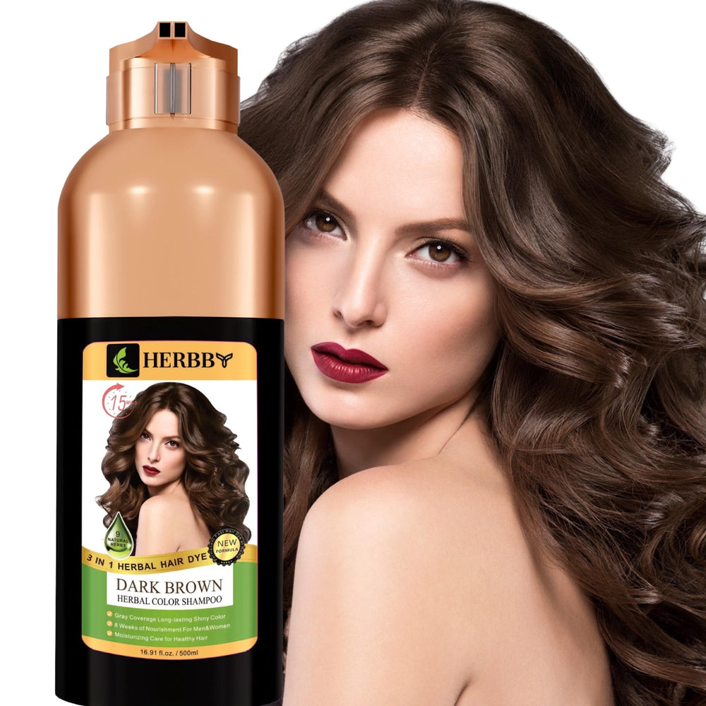 HERBBY hair color shampoo bottle in dark brown shows gray coverage with gloss