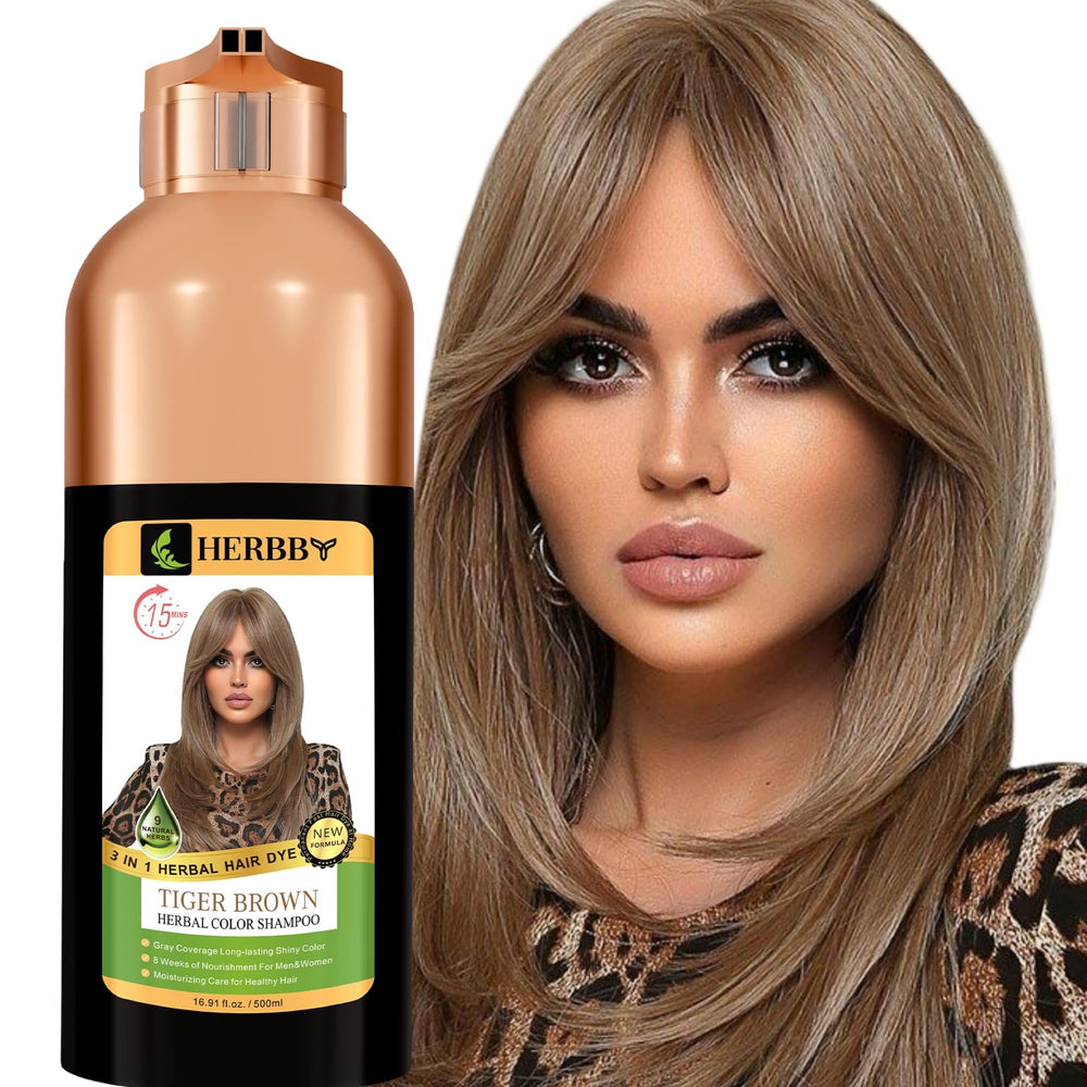 HERBBY hair color shampoo bottle showing gray coverage for natural-looking results