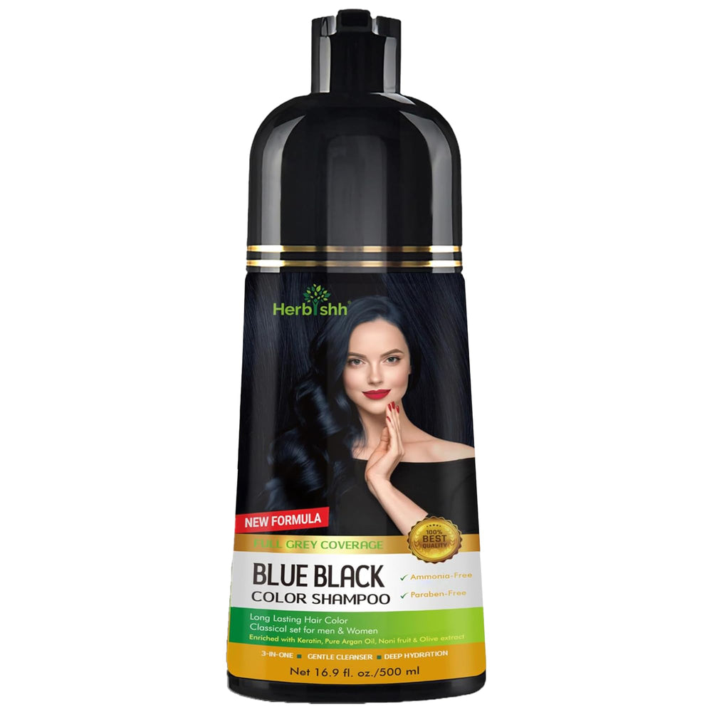 Herbishh blue-black hair color shampoo bottle for at-home color in minutes.