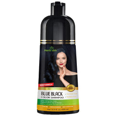 Herbishh blue-black hair color shampoo bottle for at-home color in minutes.