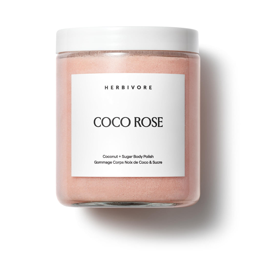 HERBIVORE Coco Rose Body Polish bottle for in-shower exfoliation and hydration.
