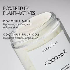 HERBIVORE Coconut Milk Bath Soak bottle closeup highlights creamy formula for daily pampering