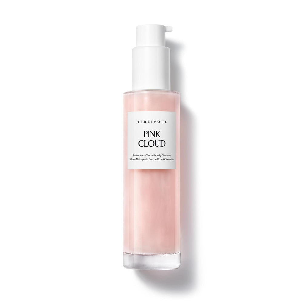 HERBIVORE Pink Cloud Cleanser bottle showing creamy jelly formula for makeup removal.